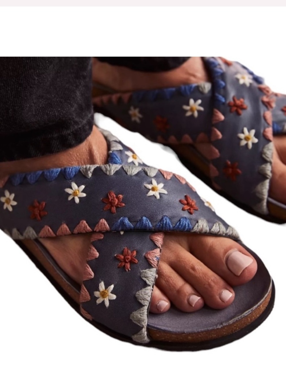 Free People Wildflowers Blue Embroidered Floral Boho Leather Sandals 38 US 8 - Picture 3 of 14